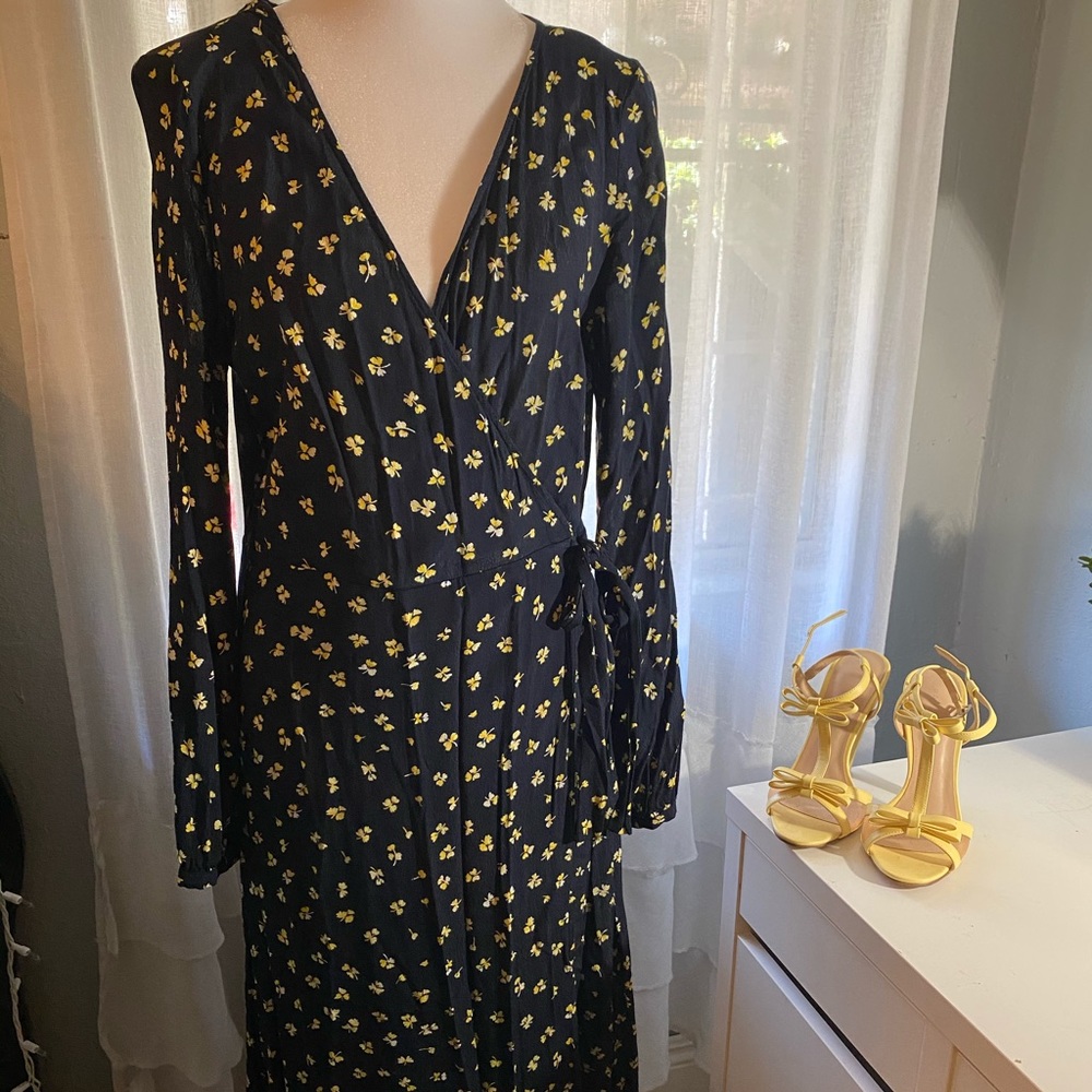 Floral long sleeve midi wrap dress